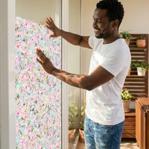 Decorative floral static cling window film for home privacy, colorful glass sticker decal.