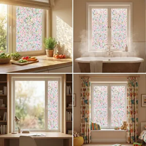 Decorative floral window privacy film detail showing pink lotus pattern applied on glass in home.