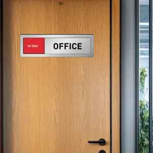 Sliding office door status sign, adjustable meeting room indicator plate, modern metal finish.