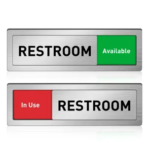 Sliding restroom door sign with adjustable green and red available in use status.