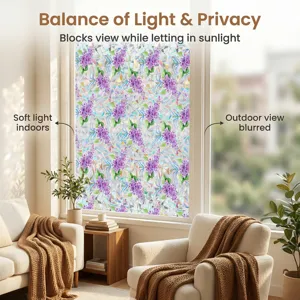 Window privacy glass film featuring a purple lilac floral stained glass pattern for home decor.