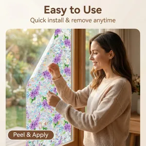 Decorative static window film with floral lilac pattern, glue-free privacy glass sticker.