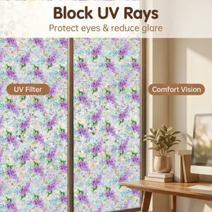 Purple floral static window film, glue-free privacy stained glass sticker for home office.