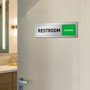 Sliding restroom door sign with adjustable status indicator for office and meeting room use.