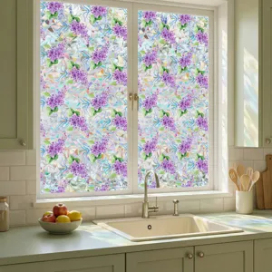 Decorative window glass film with purple floral pattern for home privacy and room style.