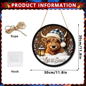 Christmas wooden hanging sign with Highland cow pattern, festive door decor 30cm with rope hook