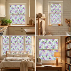 Decorative window film static cling purple floral privacy glass sticker for home office decor
