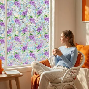 Decorative lilac flower window film detail scene, privacy glass sticker for home decor.