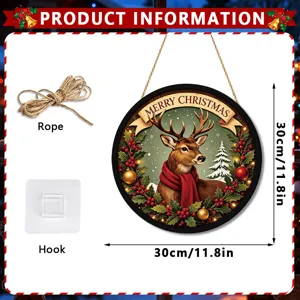 Christmas hanging wooden sign with reindeer pattern, rope and hook, 30cm festive decor.