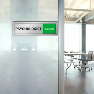 Sliding door sign for office psychologist room with adjustable available status indicator plate.