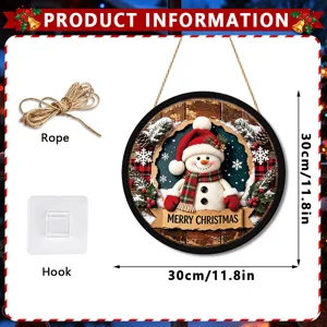 Christmas snowman hanging sign with LED lights, 30cm round wooden festival door decoration.