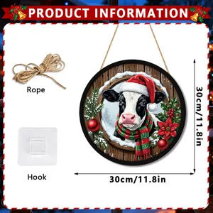 Christmas wooden hanging sign with cute cow pattern, perfect for holiday home decor.