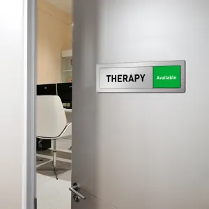 Office sliding door status sign, metal brushed finish room availability indicator for meeting room.