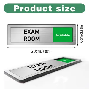 Stainless steel exam room sliding door status sign detail showing dimensions and adjustable slider.