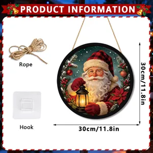 Christmas Santa Claus hanging sign 30cm round wooden wall decor with rope and hook.