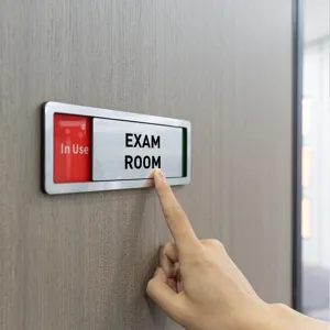 Sliding room status sign for office door, adjustable conference sign, metal frame indicator.