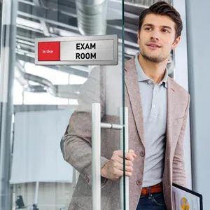 Sliding door status sign for meeting room, exam room privacy indicator with adjustable slider.