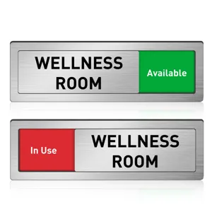 Stainless steel sliding room status sign detail showing wellness room and available status.