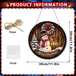 Christmas lighted wooden door sign hanging pendant with snowman design, 30cm festive decor.