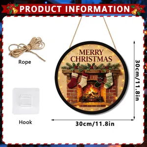 Christmas round LED hanging sign with fireplace stocking pattern, 30cm wood decor with rope hook.