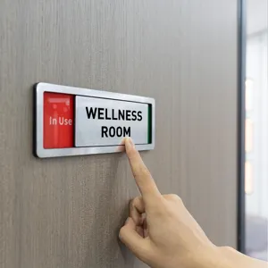 Sliding door sign wellness room indicator office privacy status metal nameplate detail view