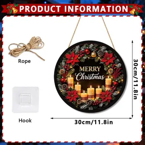 Christmas lighted hanging sign with candles, round wreath holiday door decor, 30cm size.