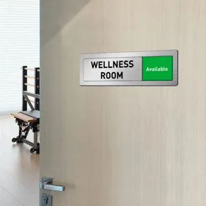 Sliding door sign for office or meeting room, brushed metal finish with green available slider status indicator.
