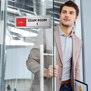 Adjustable sliding door sign for office meeting room, professional status indicator plate display.