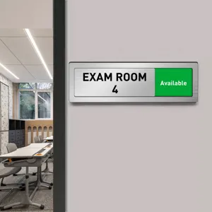 Sliding door sign status indicator for office conference room, durable metal frame nameplate.