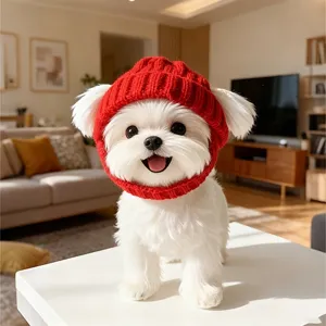 Cozy pet winter warm knitted red hat for small dogs, cute pet headgear costume apparel.