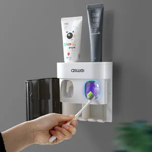 Portacepillos de Dientes de Pared Dispensador Automático de Pasta de Dientes Organizador de Almacenamiento de Baño Sin Perforación Plástico ABS Negro