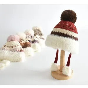 Bonnet en tricot d'hiver chaud pour enfants, doublé polaire épais avec joli pompon doux.