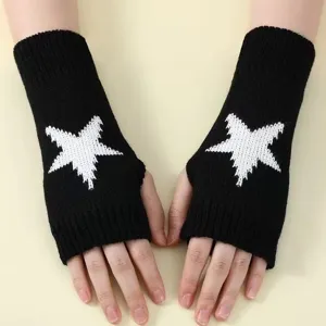 Black knitted fingerless gloves with white star pattern, cozy winter arm warmers for daily.