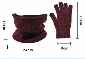 Vue détaillée du tour de cou et des gants tactiles tricotés d'hiver avec dimensions.