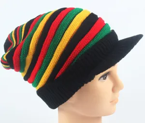 Rasta Style Knitted Beanie Hat with Visor Long Reggae Striped Cap Colorful Winter Warm