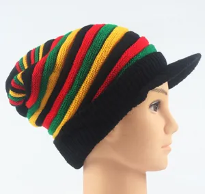 Close-up detail of the reggae style striped knit beanie hat with brim, vibrant multi-color.