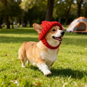 Detailed view of the red knitted pet hat worn by a cute dog in a sunny park scene.