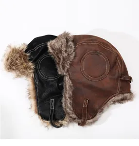 Dicke Kunstleder-Bombermütze für Winter, winddichte warme Fliegermütze mit Plüschohren.