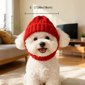 Close-up of the red knitted pet hat for dogs, showing soft woolen texture and cozy fit.