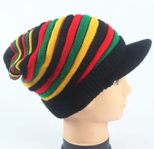 Detailed side view of the colorful reggae knit striped beanie hat with visor, close-up texture.