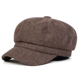 Berretto newsboy marrone retro con motivo spina di pesce, cappello ottagonale autunno inverno.