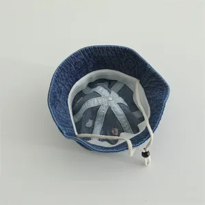 Kids denim bucket hat with windproof strap, cute embroidered design, washed cotton spring autumn.