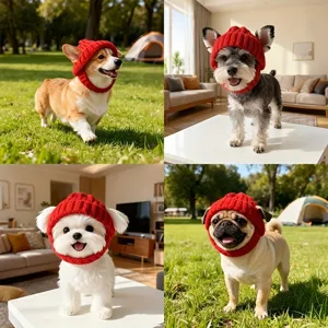 Cute red knitted pet hat winter warm dog hood windproof pet apparel for small dogs puppy dress