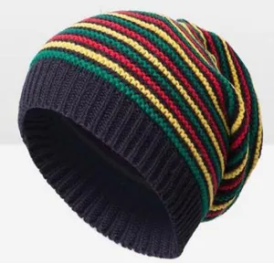 Detailed view of the stylish Rastafari striped knitted beanie, comfortable winter warm slouchy hat.