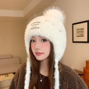Süß Niedlich Strick Ohrenklappen Beanie Mütze Für Damen Weich Plüsch Warm Winter Trapper Mütze Mit Bommel Quastenbänder Einfarbig Outdoor Ohrenschutz Kappe