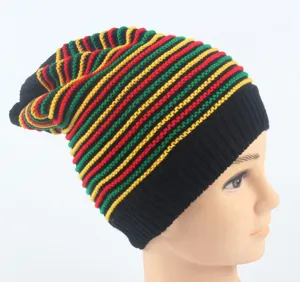 Detailed view of the reggae style striped knit beanie hat, featuring vibrant Rasta colors.