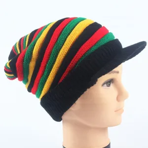 Reggae Style Jamaican Rainbow Striped Knitted Beanie With Brim Winter Warm Acrylic Slouchy Long Knit Hat For Men Women