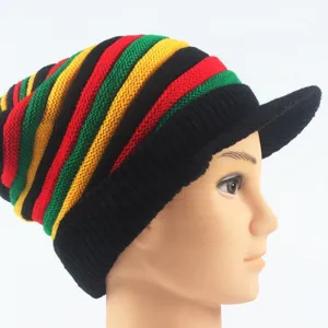 Reggae style knitted brim beanie hat, colorful striped Jamaica warm winter cap for men women.