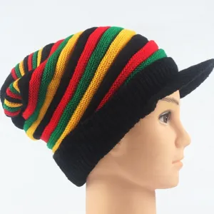 Colorful Rastafari striped knitted hat with brim winter warm cap reggae style beanie