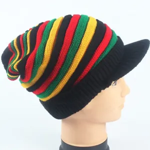 Rainbow reggae knit beanie hat with brim warm striped winter cap for men women stylish.
